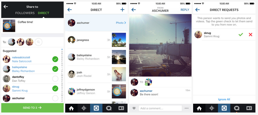 screenshot delle schermate di instagram direct